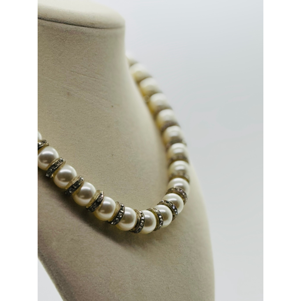 Vtg 90s Glass Faux‎ Pearl And Rhinestone Necklace 15" - Picture 2 of 7